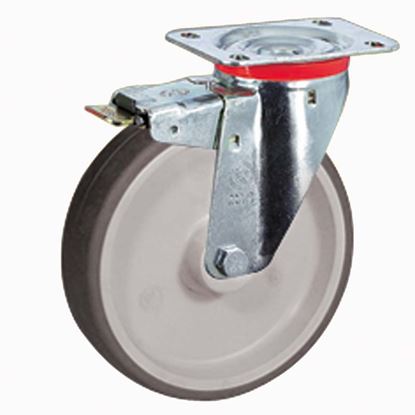 Immagine di RUOTA IN GOMMA TERMOPLASTICA GRIGIA, NUCLEO IN POLIPROPILENE, SUPPORTO ROTANTE PIASTRA CON FRENO, PORTATA 70 KG, Ø 80 MM