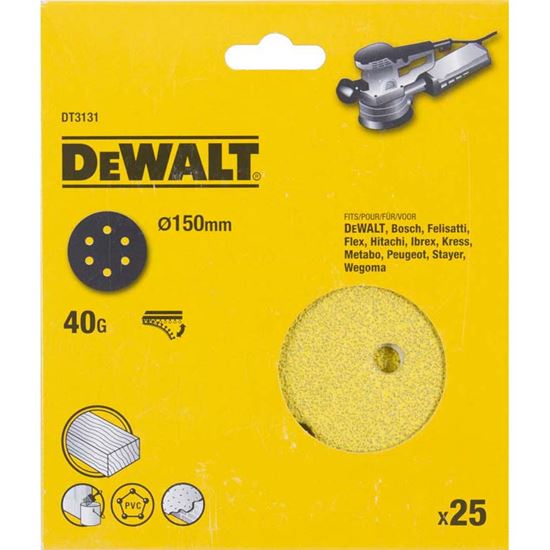 Immagine di DISCO ABRASIVO DEWALT, PER LEVIGATRICE ROTORBITALE, FORATO, FISSAGGIO CON VELCRO, Ø 150 MM, 25 DISCHI, GRANA 80