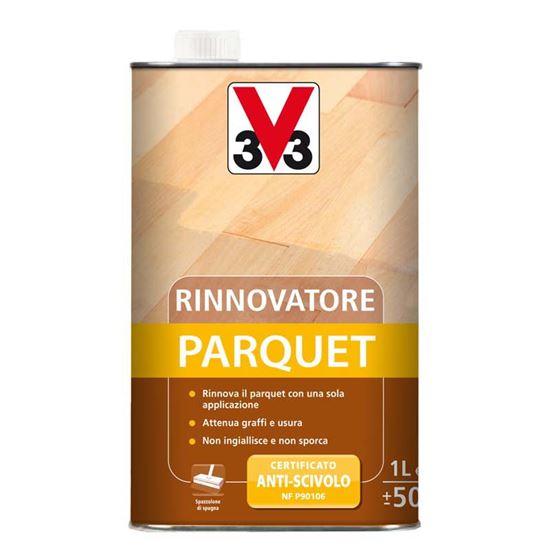 Immagine di RINNOVATORE PARQUET V33, RALLENTA L'USURA, ATTENUA I GRAFFI E DONA AL LEGNO UN BELL’ASPETTO SATINATO, 1 LT, INCOLORE