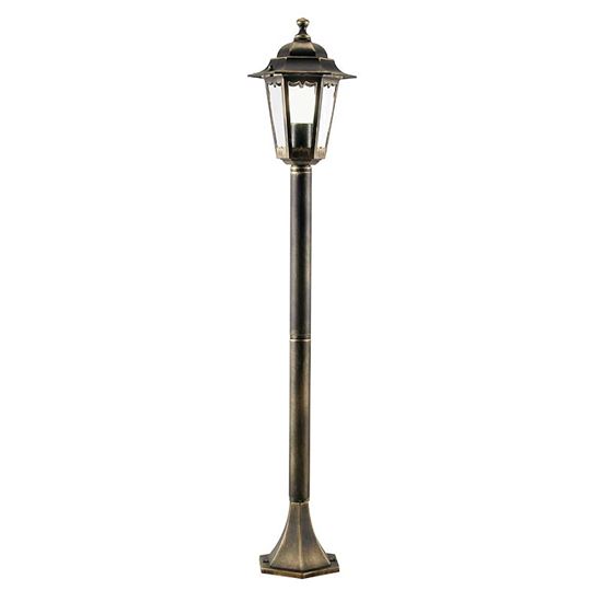Immagine di PALO CON LANTERNA MERLET, DIFFUSORE IN VETRO TRASPARENTE, IP43, E27-60 W, ALTEZZA 105 CM, COLORE NERO ORO