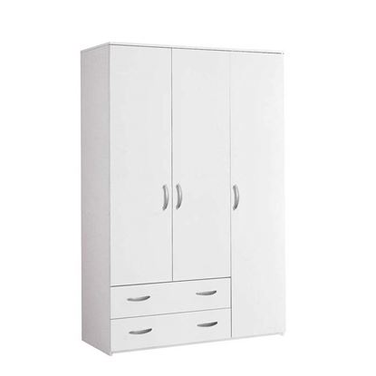 Immagine di ARMADIO 3 ANTE BATTENTI 2 CASSETTI TUBO APPENDI ABITI, PIEDINI PLASTICA, L121XP52XH175 CM, BIANCO