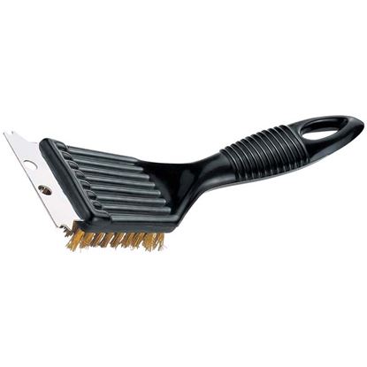 Immagine di SPAZZOLA PER BARBECUE, MULTIFUNZIONE, CON RASCHIETTO IN ACCIAIO INOX, MANICO IN PLASTICA E SETOLE IN OTTONE, 20 CM