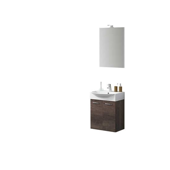 Immagine di COMPOSIZIONE MINI 50 CM, LAVABO IN CERAMICA, 2 ANTE, SPECCHIO CON LAMPADA A LED, 50X40X190 CM, COLORE ROVERE SCURO