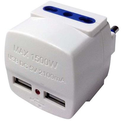 Immagine di ADATTATORE 2 USB + 2 BIVALENTI, 16A+T, COLORE BIANCO