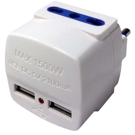 Immagine di ADATTATORE 2 USB + 2 BIVALENTI, 16A+T, COLORE BIANCO