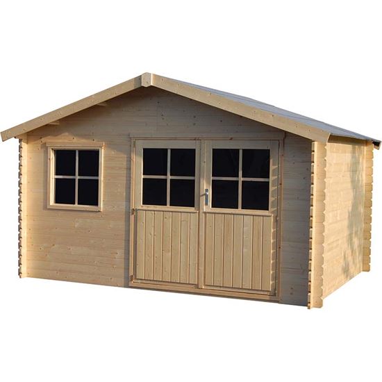 Immagine di CASETTA IN LEGNO AOSTA 412X313XH244 CM, A PERLINE AD INCASTRO IN LEGNO ABETE DEL NORD, SPESSORE 28 MM, SENZA PAVIMENTO, PORTE DOPPIA FISSATA SU TELAIO, VETRO SINTETICO, TETTO CON LISTONI IN LEGNO DI ABETE