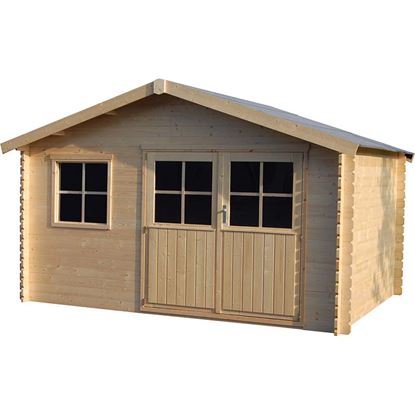 Immagine di CASETTA IN LEGNO AOSTA 412X313XH244 CM, A PERLINE AD INCASTRO IN LEGNO ABETE DEL NORD, SPESSORE 28 MM, SENZA PAVIMENTO, PORTE DOPPIA FISSATA SU TELAIO, VETRO SINTETICO, TETTO CON LISTONI IN LEGNO DI ABETE