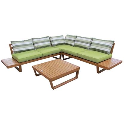 Immagine di SET ANGOLARE MARTINICA, IN EUCALIPTO FINITURA EFFETTO TEAK, COMPOSTO DA: DIVANO 79X167,5XH67,5 CM, DIVANO ANGOLARE 79X79 67,5 CM, TAVOLINO 80X80XH27,5 CM, SEDUTA COLORE VERDE LIME, SCHIENALE VERDE/BIANCO