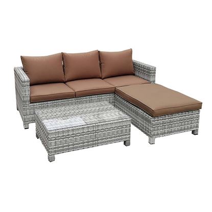 Immagine di SET NICARAGUA ANGOLARE, IN POLYRATTAN, STRUTTURA GRIGIO CHIARO, COMPOSTO DA: DIVANO 3 POSTI 191X75XH63,5 CM, DIVANO 91X67XH32 CM, TAVOLINO 91X61XH32 CM COPN VETRO TEMPERATO SPESSORE 5 MM, CUSCINI COLORE GRIGIO SCURO