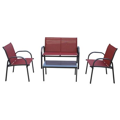 Immagine di SET PANAMA, IN METALLO E TEXTILENE, COMPOSTO DA: 2 POLTRONE 58X62XH80 CM, DIVANO 2 POSTI 100X62XH80 CM, TAVOLINO 80X45XH37 CM VETRO SPESSORE 8 MM, COLORE ROSSO